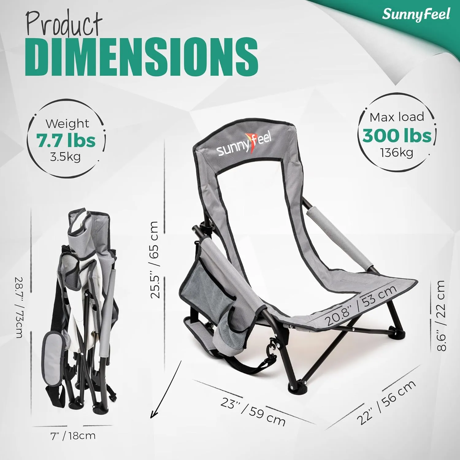 SUNNYFEEL Low Folding Beach Chair for Adults, Portable Lightweight Sling Beach Camping Chairs with Cup Holder, Armrest,Foldable Camp Lawn Chair for Outdoor Sand Concert Travel Sport Events,300LBS