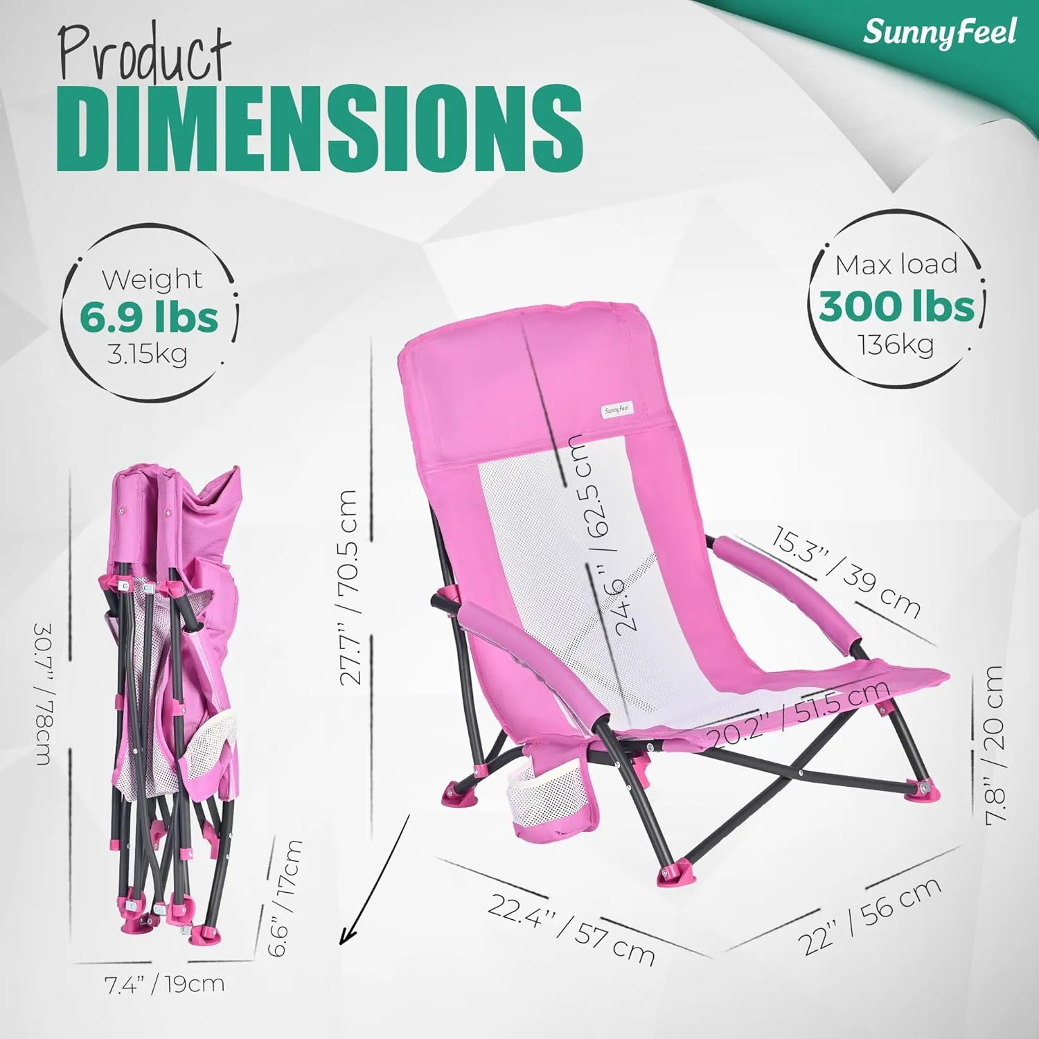 SUNNYFEEL Low Folding Beach Chair for Adults, Portable Lightweight Sling Beach Camping Chairs with Cup Holder, Armrest,Foldable Camp Lawn Chair for Outdoor Sand Concert Travel Sport Events,300LBS