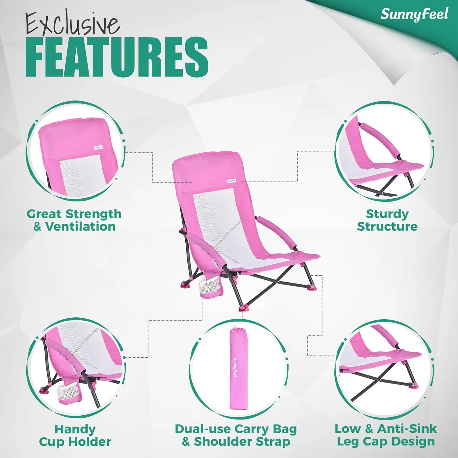 SUNNYFEEL Low Folding Beach Chair for Adults, Portable Lightweight Sling Beach Camping Chairs with Cup Holder, Armrest,Foldable Camp Lawn Chair for Outdoor Sand Concert Travel Sport Events,300LBS