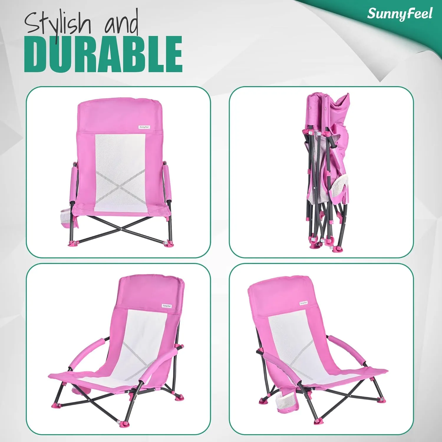SUNNYFEEL Low Folding Beach Chair for Adults, Portable Lightweight Sling Beach Camping Chairs with Cup Holder, Armrest,Foldable Camp Lawn Chair for Outdoor Sand Concert Travel Sport Events,300LBS