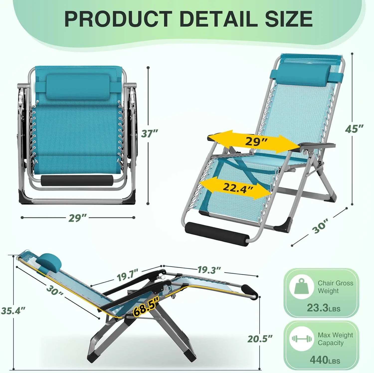 Suteck Oversized Zero Gravity Chair,29In XL Lounge Chair w/Removable Cushion&Headrest, Folding Patio Chair w/Upgraded Lock and Footrest, Reclining Patio Chairs Recliner for Indoor Outdoor