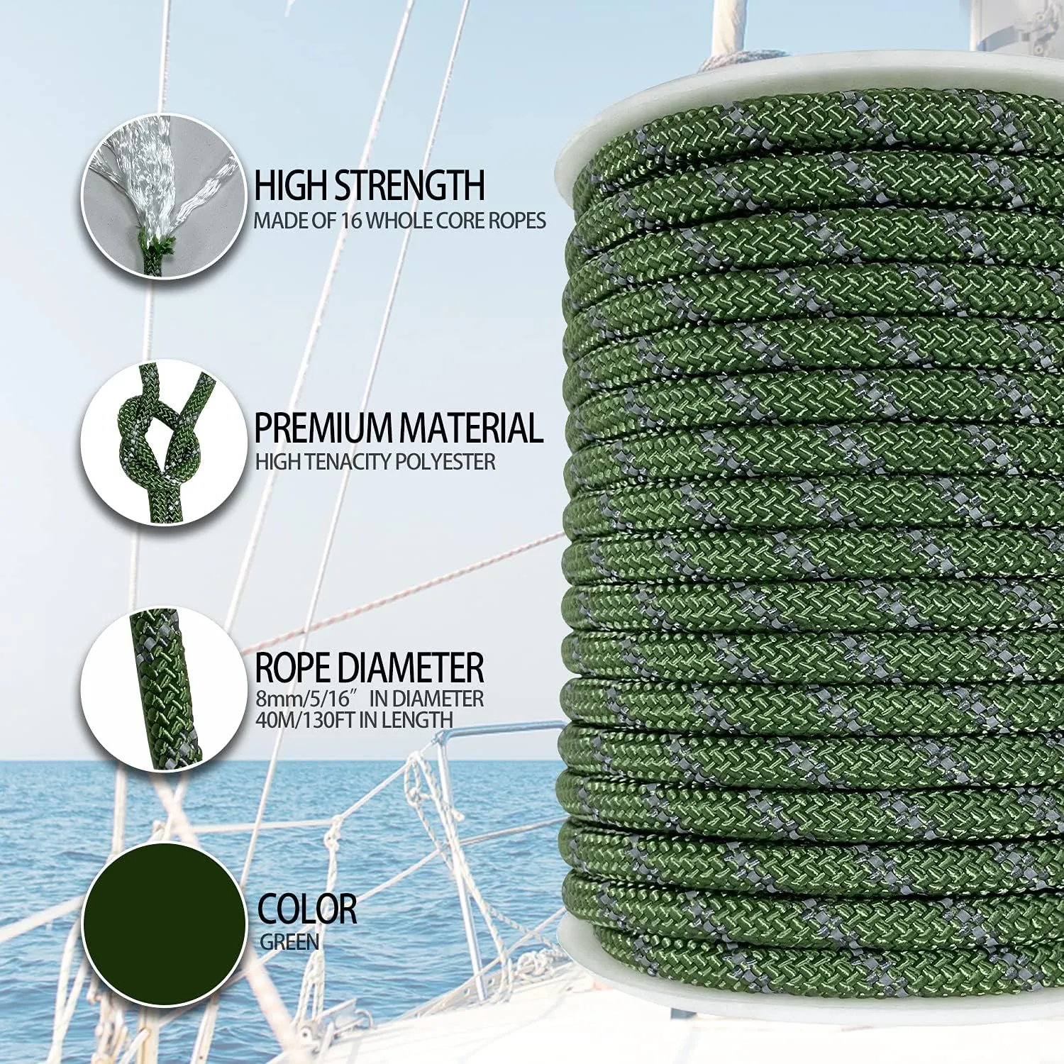 Sutekus 5/16" Accessory Cord Rope High Strength Utility Paracord 8mm Reflective Paracord Hiking Fishing Packaging 130FT (Green)