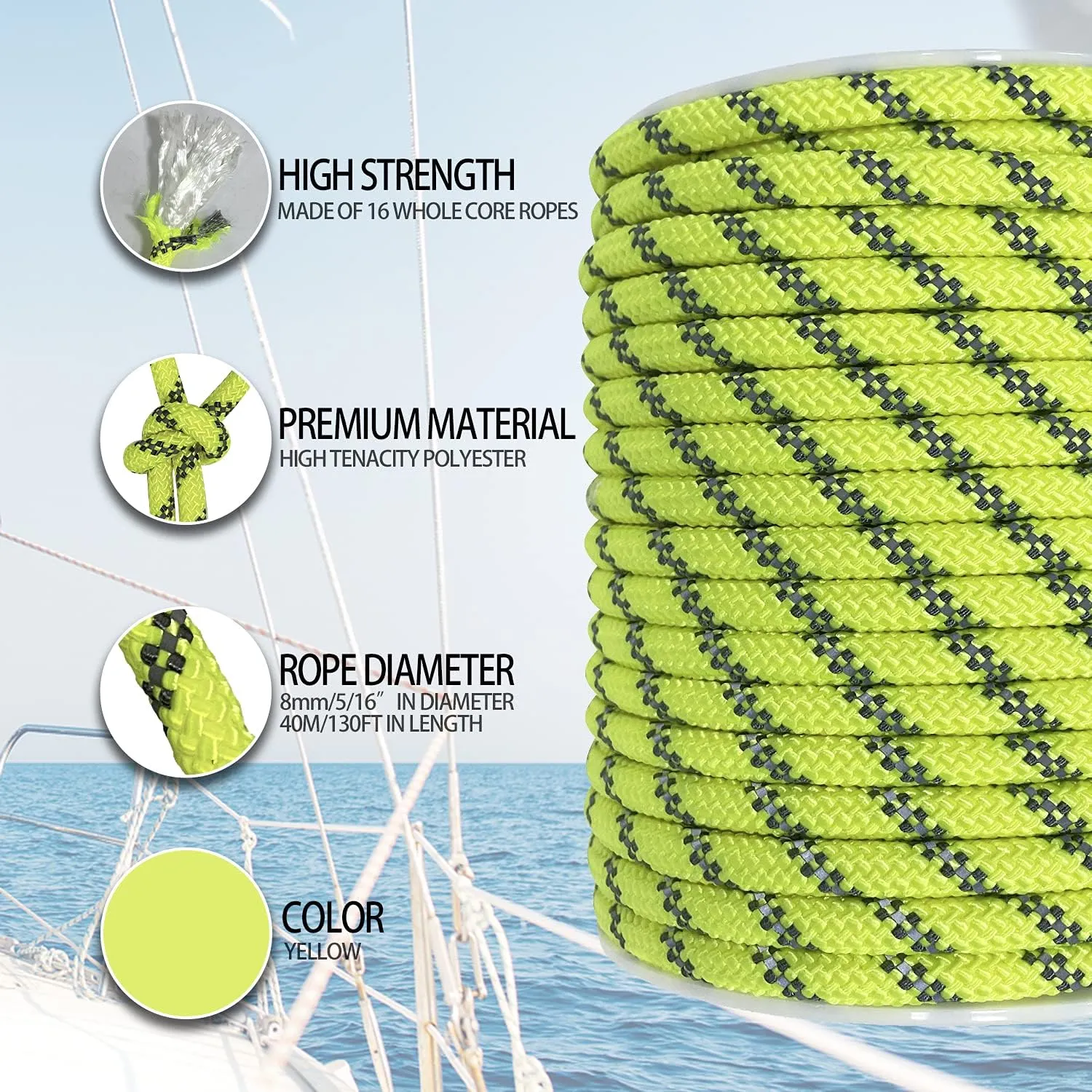 Sutekus 5/16" Accessory Cord Rope High Strength Utility Paracord 8mm Reflective Paracord Hiking Fishing Packaging 130FT (Neon Yellow)
