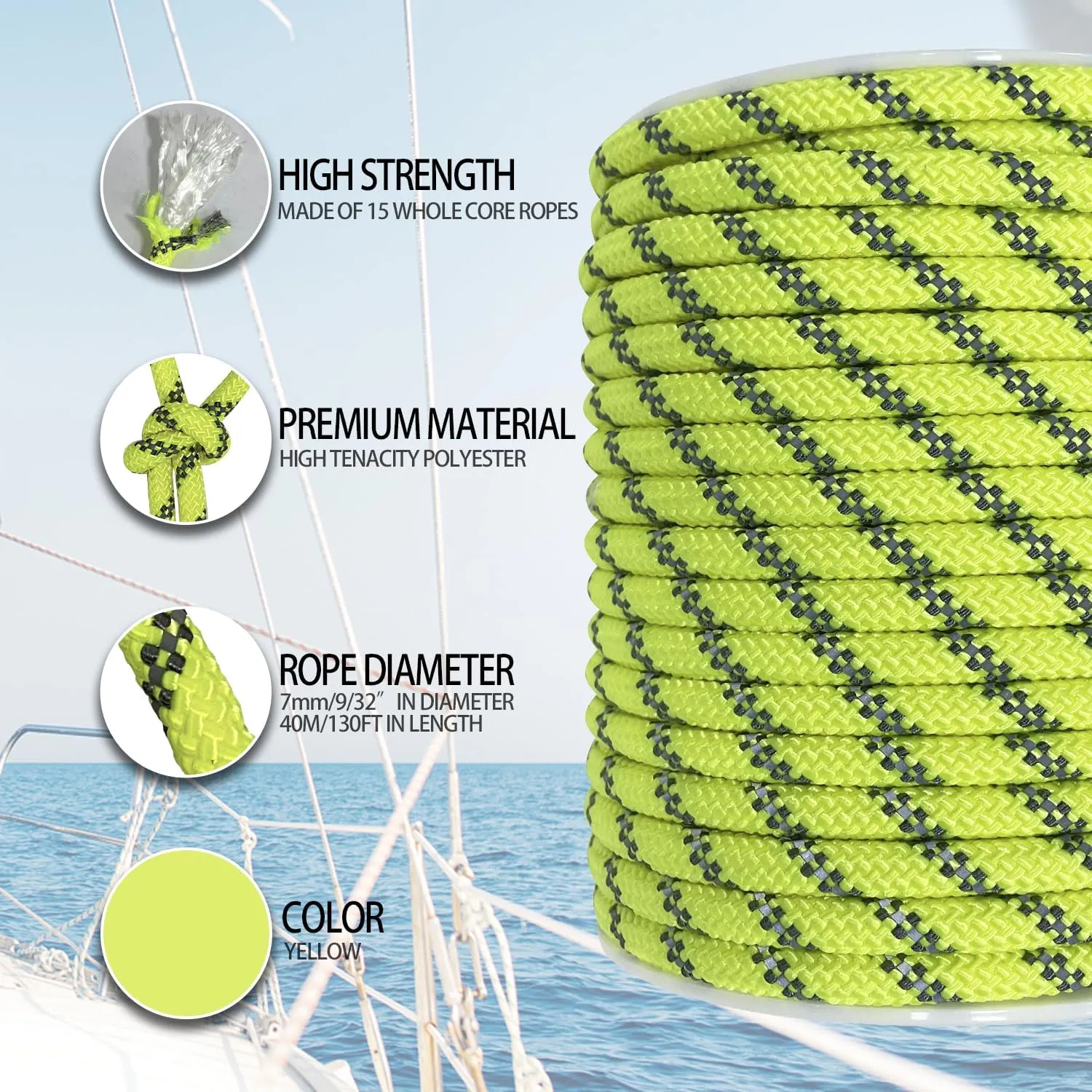 Sutekus Accessory Cord Rope High Strength Utility Paracord 7mm Reflective Paracord Hiking Fishing Climbing Packaging 130FT (7mm Neon Yellow)