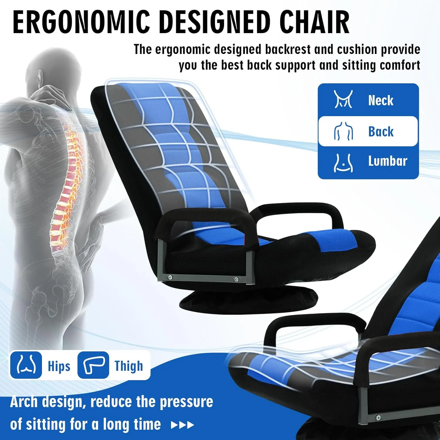 Swivel Floor Gaming Chair w/Armrests, Folding Video Reclining Sofa w/6 Adjustable Position, Padded Backrest & Cushion, Lazy Lounger Couch for E-Sports, Reading, Relaxing, Watching TV, Blue