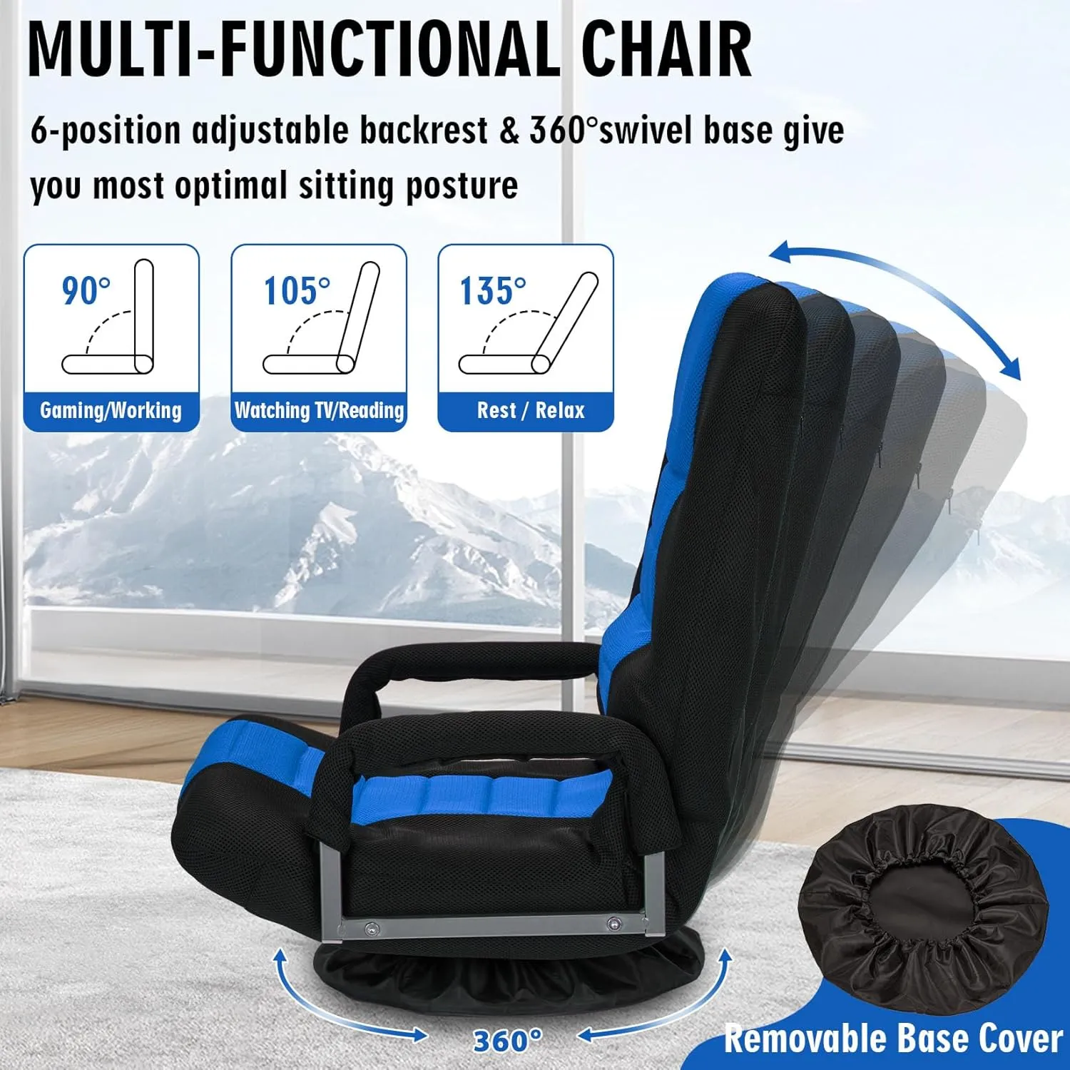 Swivel Floor Gaming Chair w/Armrests, Folding Video Reclining Sofa w/6 Adjustable Position, Padded Backrest & Cushion, Lazy Lounger Couch for E-Sports, Reading, Relaxing, Watching TV, Blue