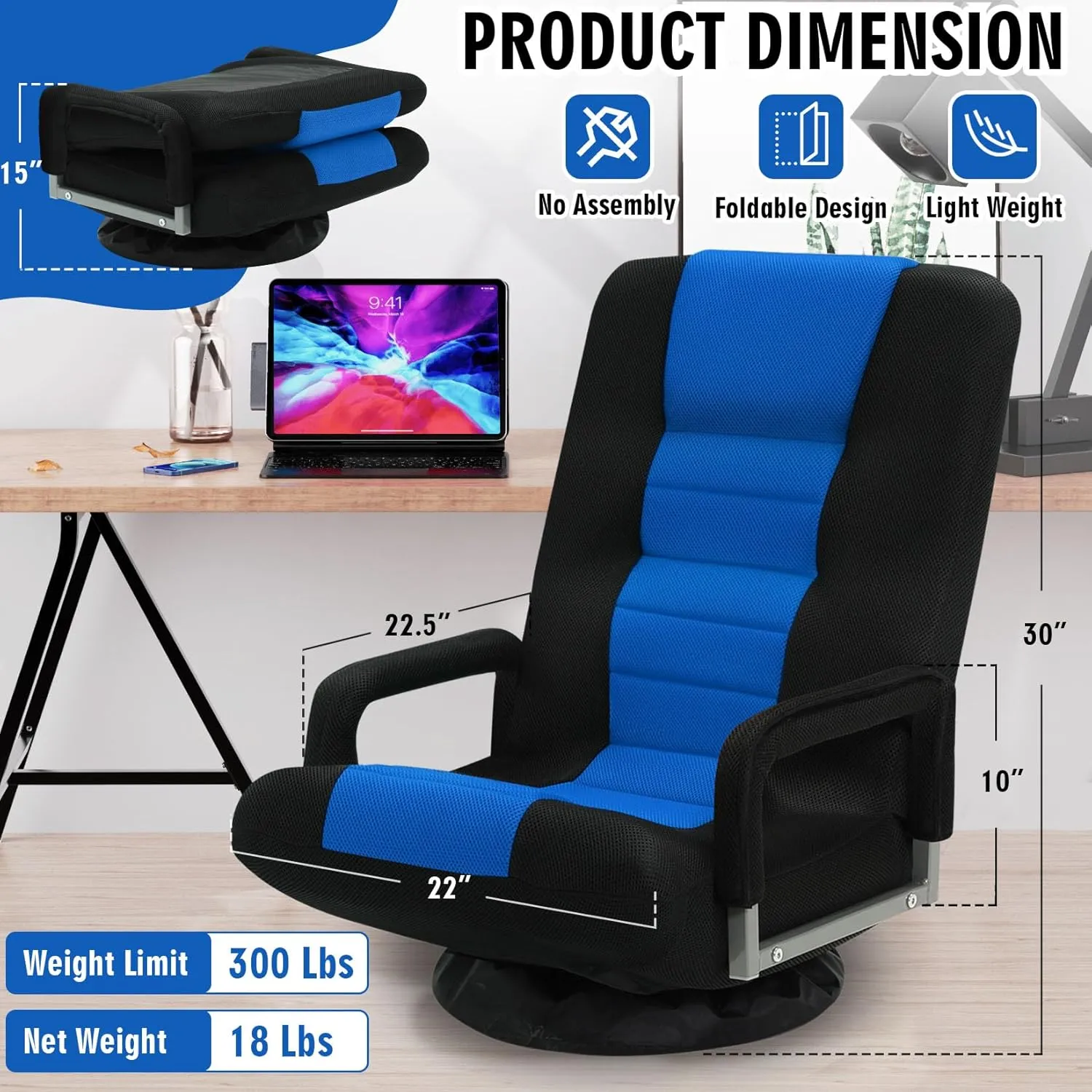 Swivel Floor Gaming Chair w/Armrests, Folding Video Reclining Sofa w/6 Adjustable Position, Padded Backrest & Cushion, Lazy Lounger Couch for E-Sports, Reading, Relaxing, Watching TV, Blue