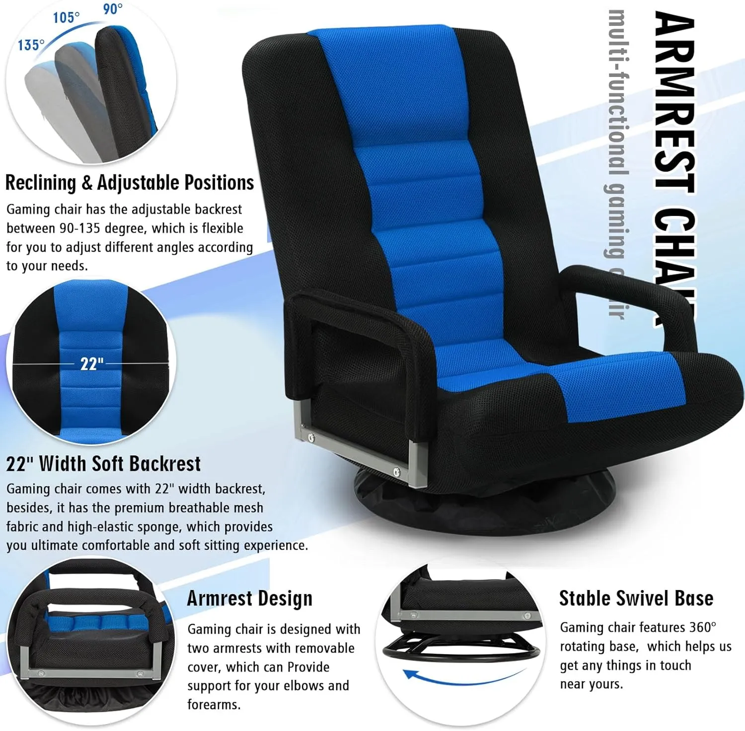 Swivel Floor Gaming Chair w/Armrests, Folding Video Reclining Sofa w/6 Adjustable Position, Padded Backrest & Cushion, Lazy Lounger Couch for E-Sports, Reading, Relaxing, Watching TV, Blue
