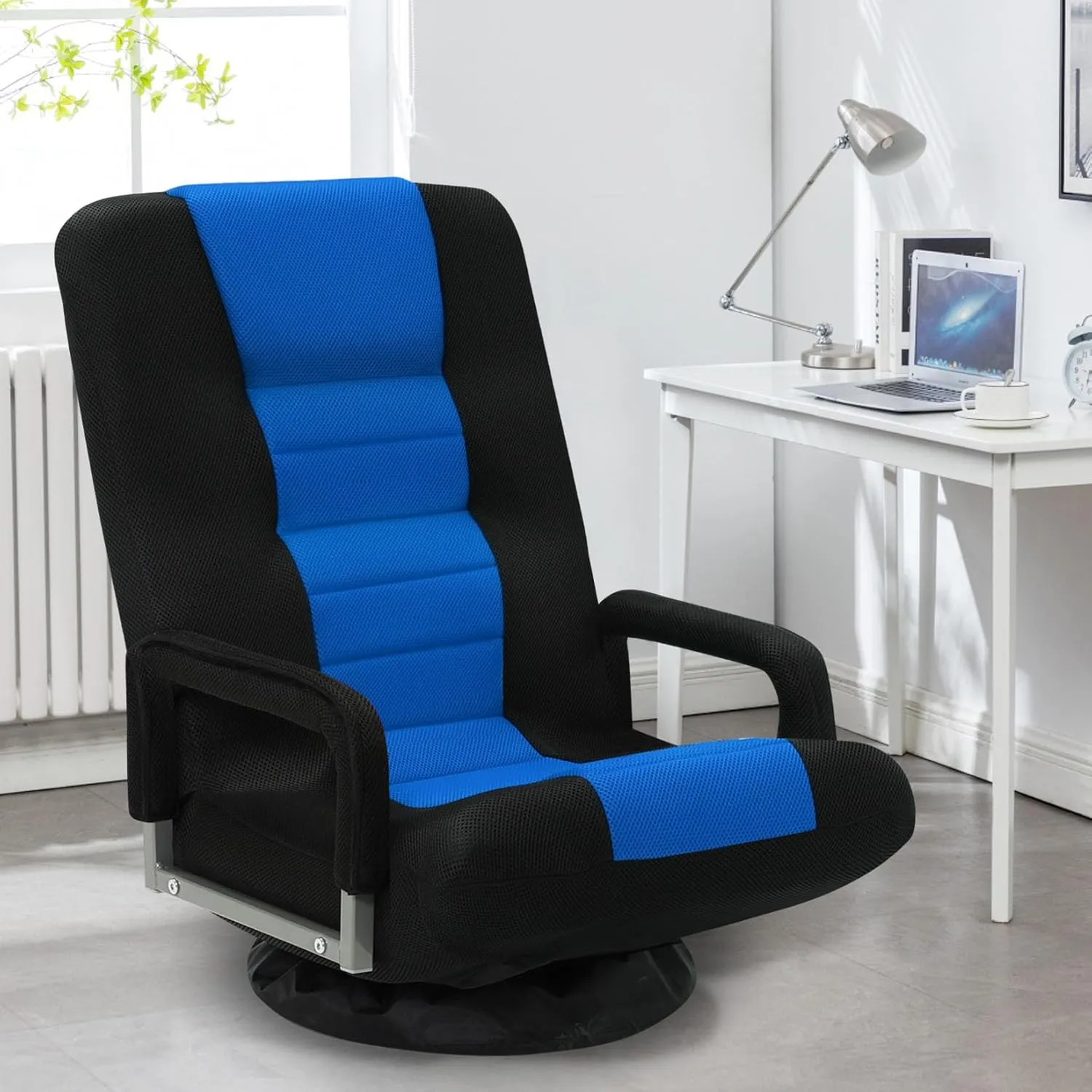 Swivel Floor Gaming Chair w/Armrests, Folding Video Reclining Sofa w/6 Adjustable Position, Padded Backrest & Cushion, Lazy Lounger Couch for E-Sports, Reading, Relaxing, Watching TV, Blue