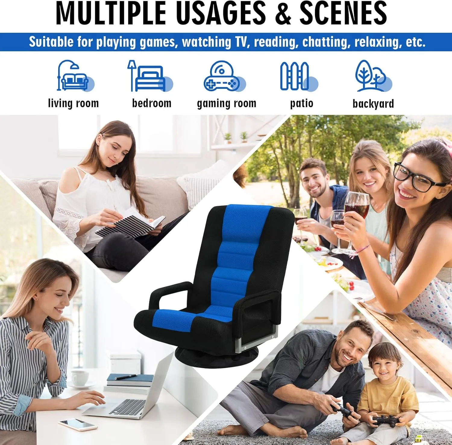 Swivel Floor Gaming Chair w/Armrests, Folding Video Reclining Sofa w/6 Adjustable Position, Padded Backrest & Cushion, Lazy Lounger Couch for E-Sports, Reading, Relaxing, Watching TV, Blue