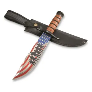 SZCO Supplies 14" USA Flag Leather Handle Clip Point Outdoor Hunting Knife With Sheath,Red/White/Blue/Brown