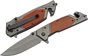 Szco Supplies 8” Wood Paneled Rescue Folding Knife with Seatbelt Cutter and Glass Breaker
