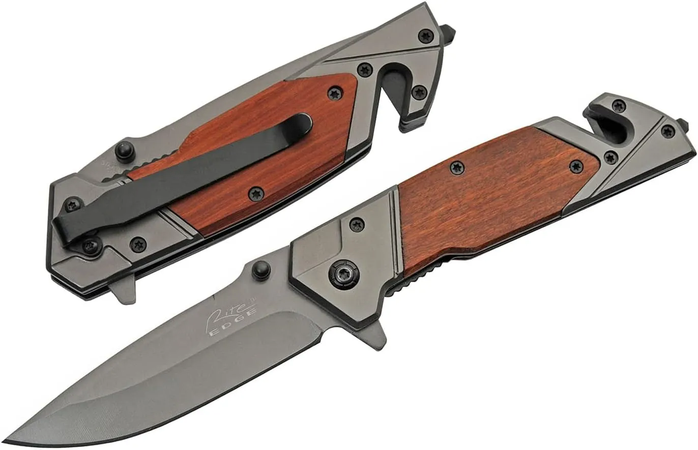 Szco Supplies 8” Wood Paneled Rescue Folding Knife with Seatbelt Cutter and Glass Breaker