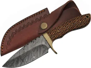 Szco Supplies 9" Fixed Blade Hunting Knife with Sheath - Hunting Knife for Men with Damascus Steel Full Tang Blade, Celtic Knot Wood Handle, Brass Guard & Sheath - Outdoor Use Hunting Knives for Men