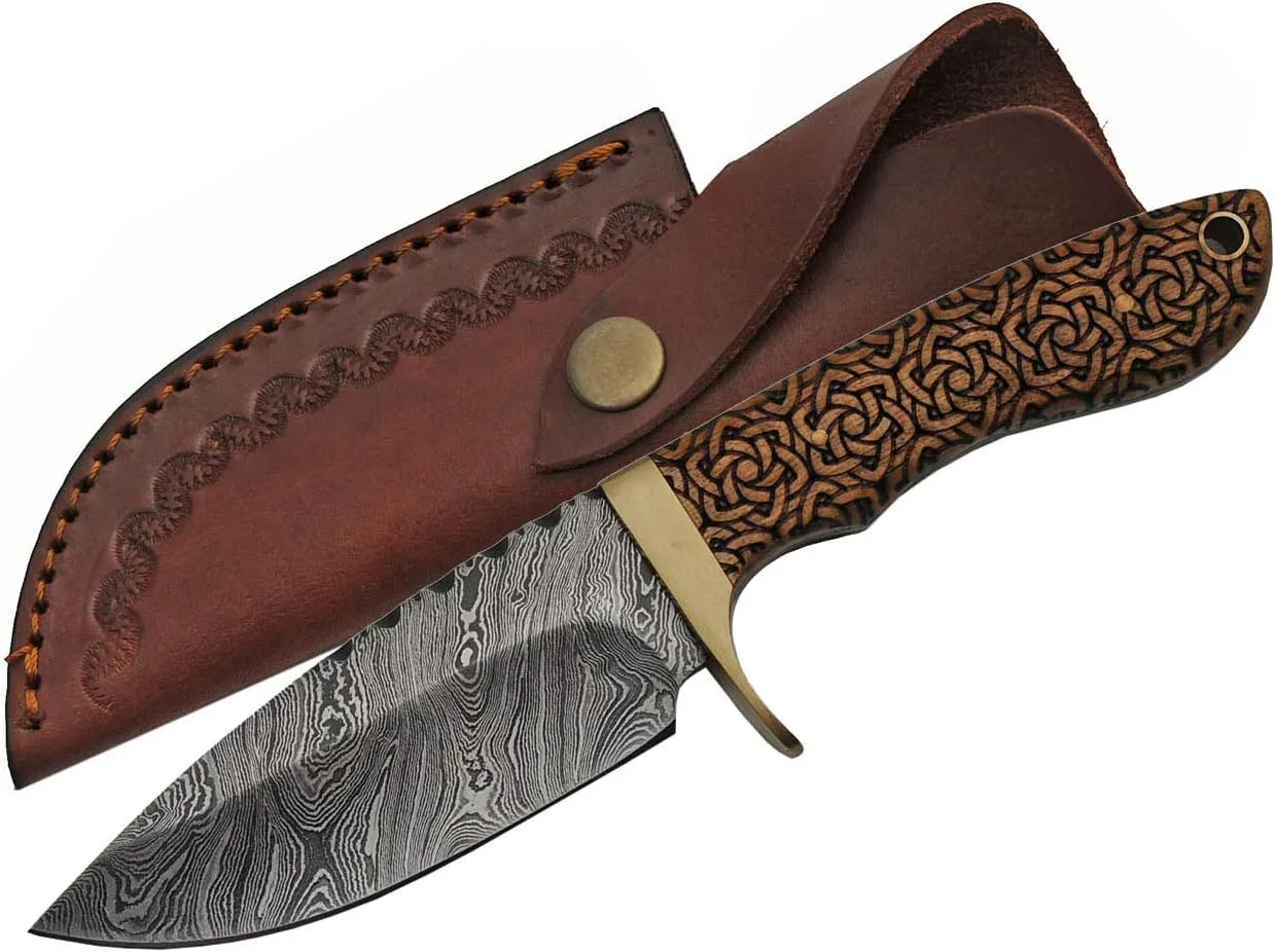 Szco Supplies 9" Fixed Blade Hunting Knife with Sheath - Hunting Knife for Men with Damascus Steel Full Tang Blade, Celtic Knot Wood Handle, Brass Guard & Sheath - Outdoor Use Hunting Knives for Men