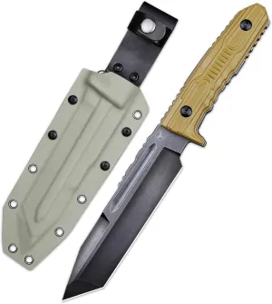 Tactical Fixed Blade Knife, 11.8 inch, Full Tang Tanto Blade with G10 Handle and Kydex Sheath (Khaki handle black blade)