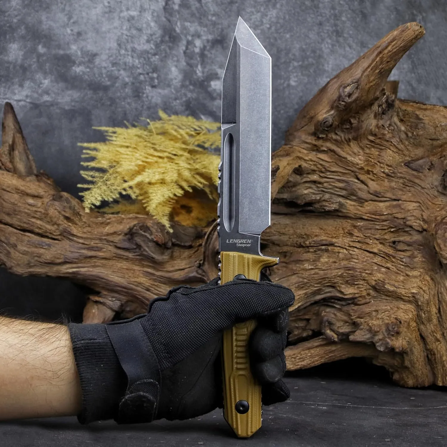Tactical Fixed Blade Knife, 11.8 inch, Full Tang Tanto Blade with G10 Handle and Kydex Sheath (Khaki handle black blade)
