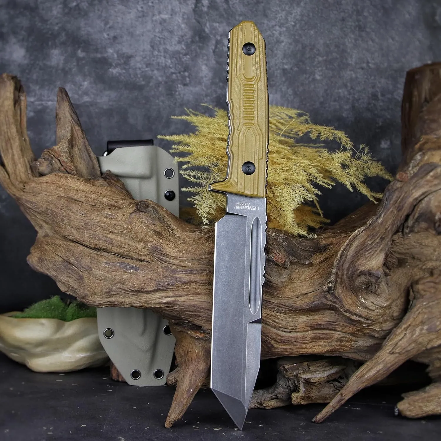 Tactical Fixed Blade Knife, 11.8 inch, Full Tang Tanto Blade with G10 Handle and Kydex Sheath (Khaki handle black blade)