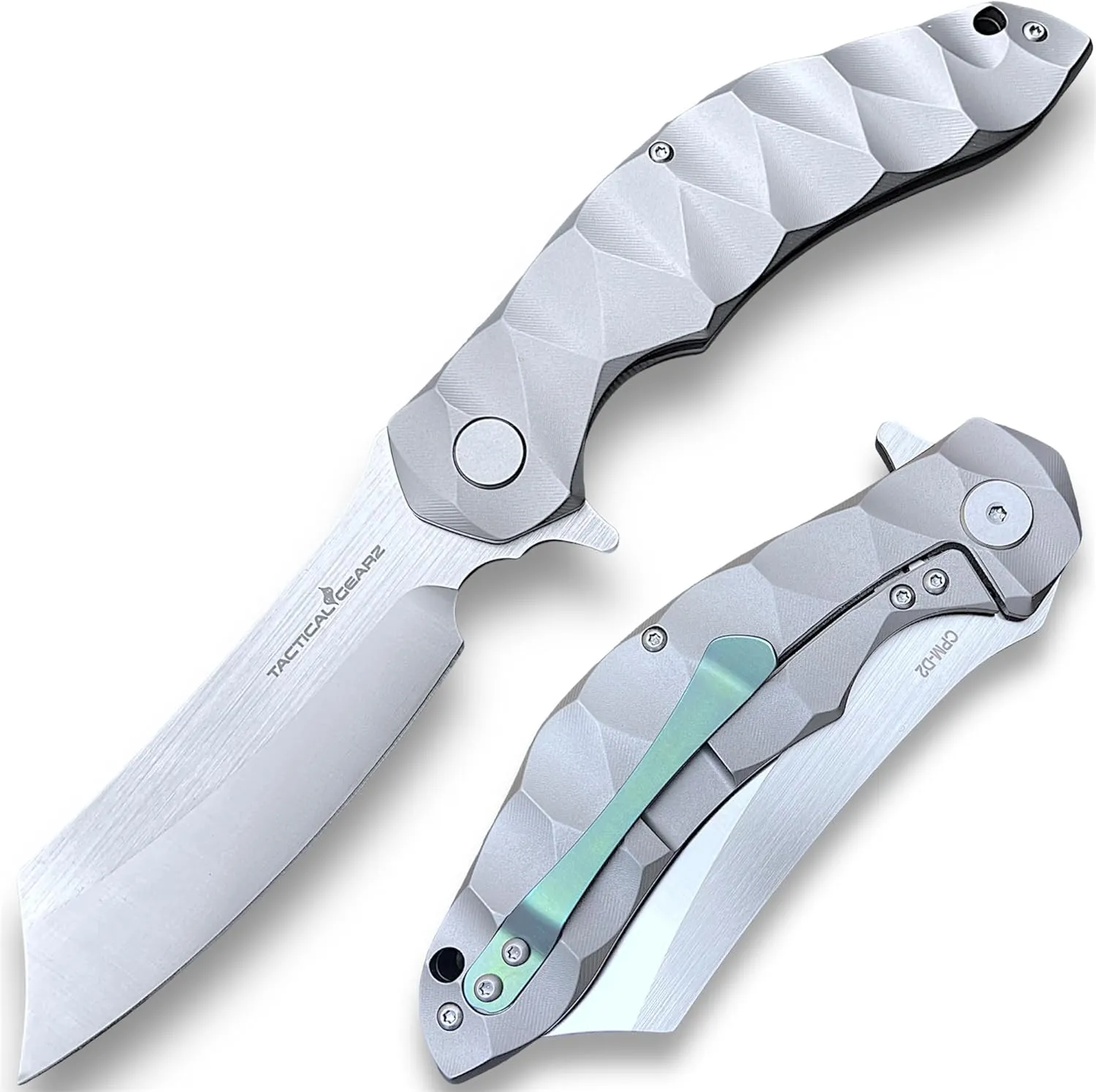 TACTICAL GEARZ Custom Titanium Pocket Folding Knife, Solid Tc4 Titanium Handle, CPM-D2 Steel DAO Blade, Includes Sheath (Zeus)
