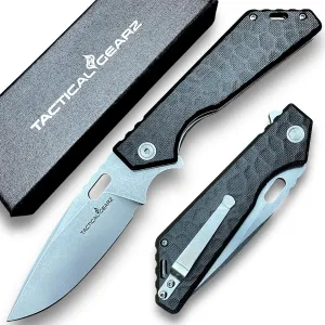 TACTICAL GEARZ Pocket Folding Knife for EDC, G10 Handle, Stonewashed D2 Steel Blade (Kink Blk)