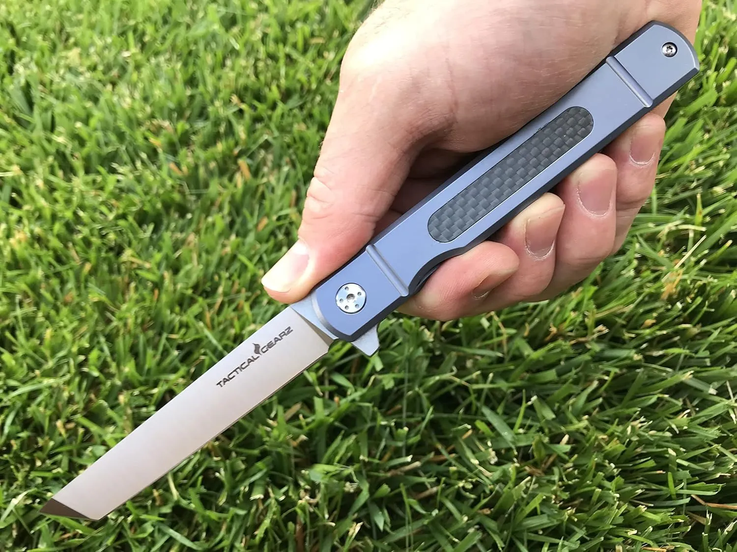 TACTICAL GEARZ Pocket Folding Knife w/Titanium Handle for EDC, D2 Steel Tanto Blade (Tatsu Standard Blue)