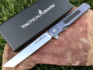 TACTICAL GEARZ Pocket Folding Knife w/Titanium Handle for EDC, D2 Steel Tanto Blade (Tatsu Standard Blue)
