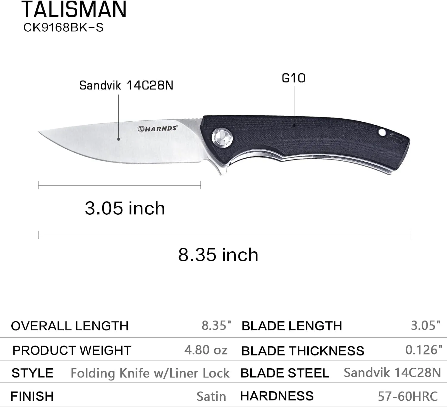 Talisman CK9168 Pocket Knife with Ball Bearing Pivot System Folding Knife with G10 Handle Pocketclip (black handle)