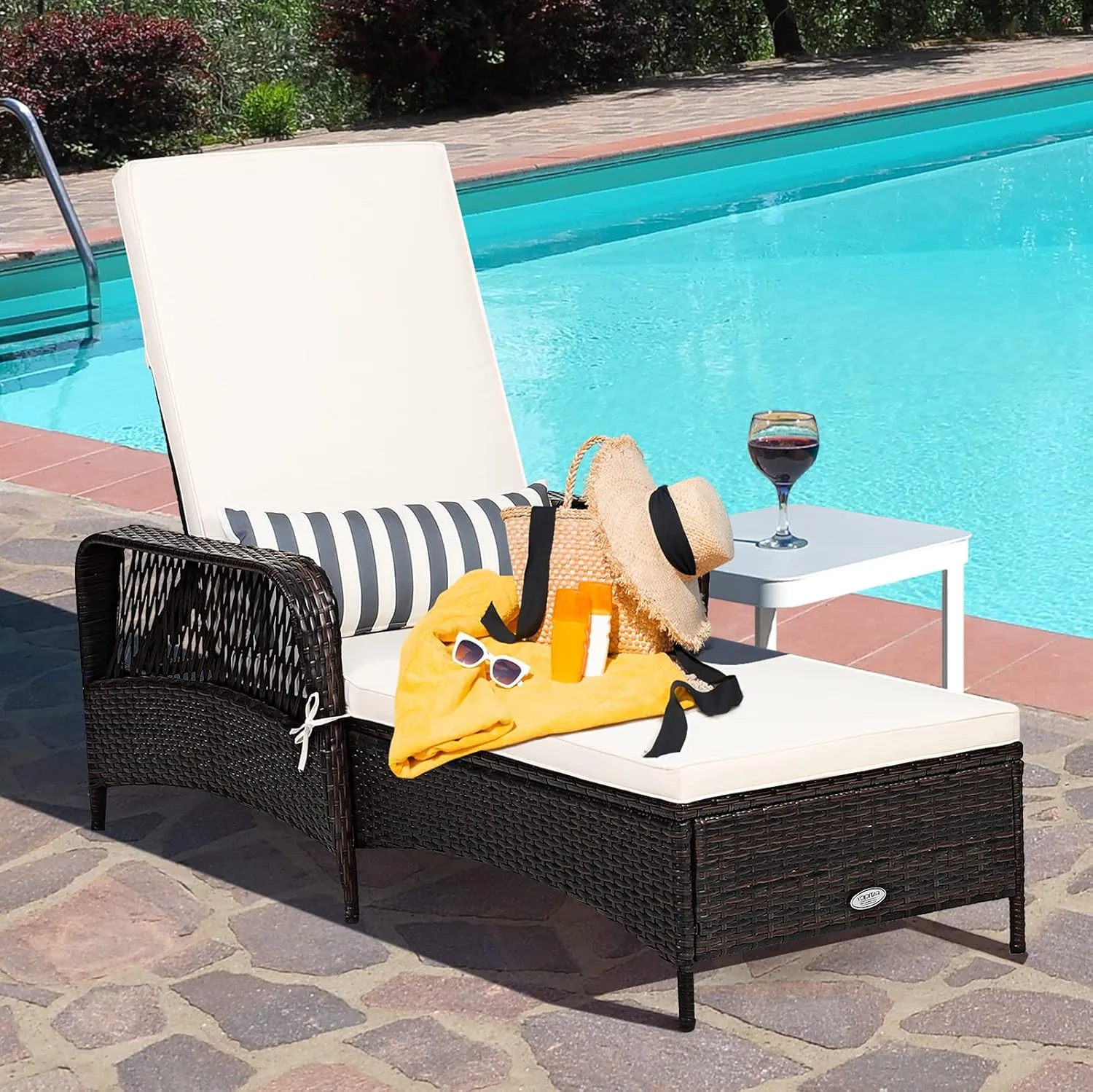 Tangkula 2 Pieces Patio Wicker Chaise Lounge Chair, Outdoor Rattan Reclining Chaise w/ 6-Gear Adjustable Backrest, Thick Padded Cushion & Removable Lumbar Pillow, Ideal for Lawn, Beach, Balcony