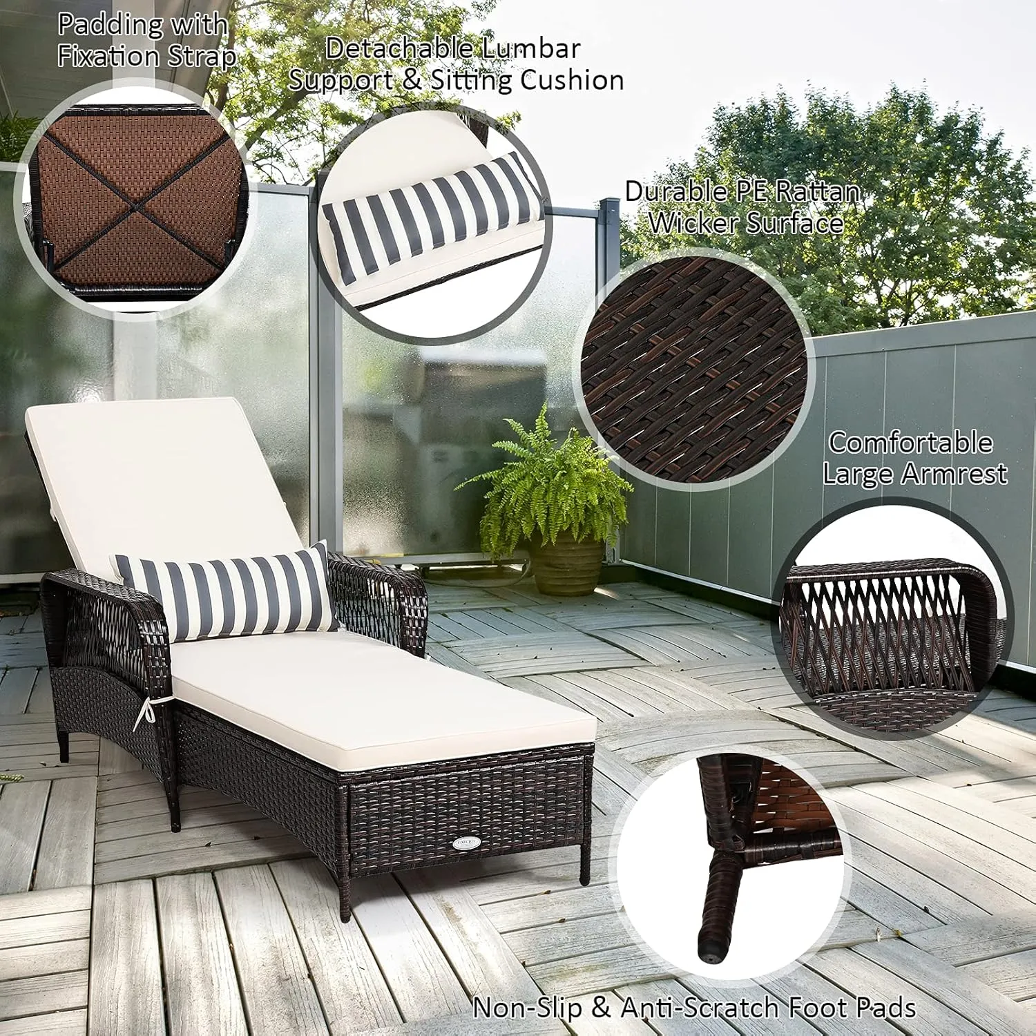 Tangkula 2 Pieces Patio Wicker Chaise Lounge Chair, Outdoor Rattan Reclining Chaise w/ 6-Gear Adjustable Backrest, Thick Padded Cushion & Removable Lumbar Pillow, Ideal for Lawn, Beach, Balcony