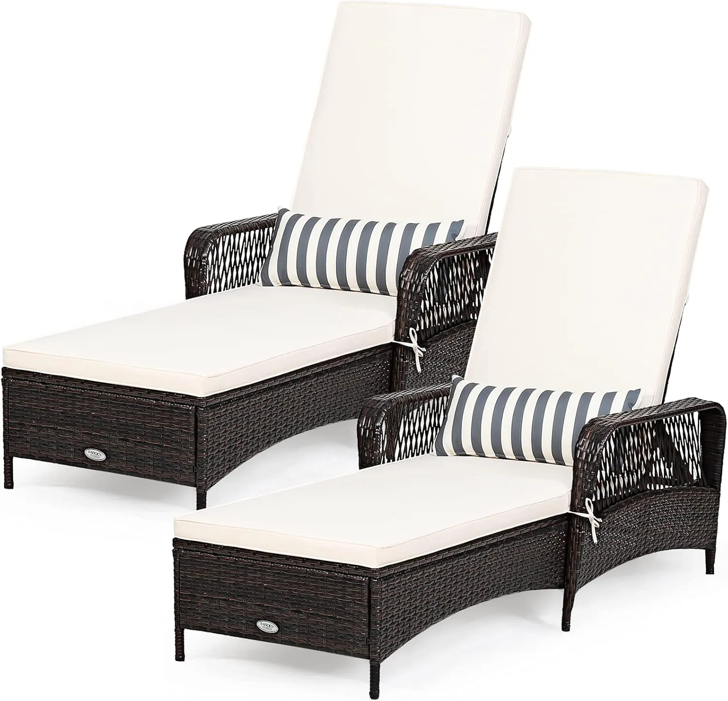 Tangkula 2 Pieces Patio Wicker Chaise Lounge Chair, Outdoor Rattan Reclining Chaise w/ 6-Gear Adjustable Backrest, Thick Padded Cushion & Removable Lumbar Pillow, Ideal for Lawn, Beach, Balcony