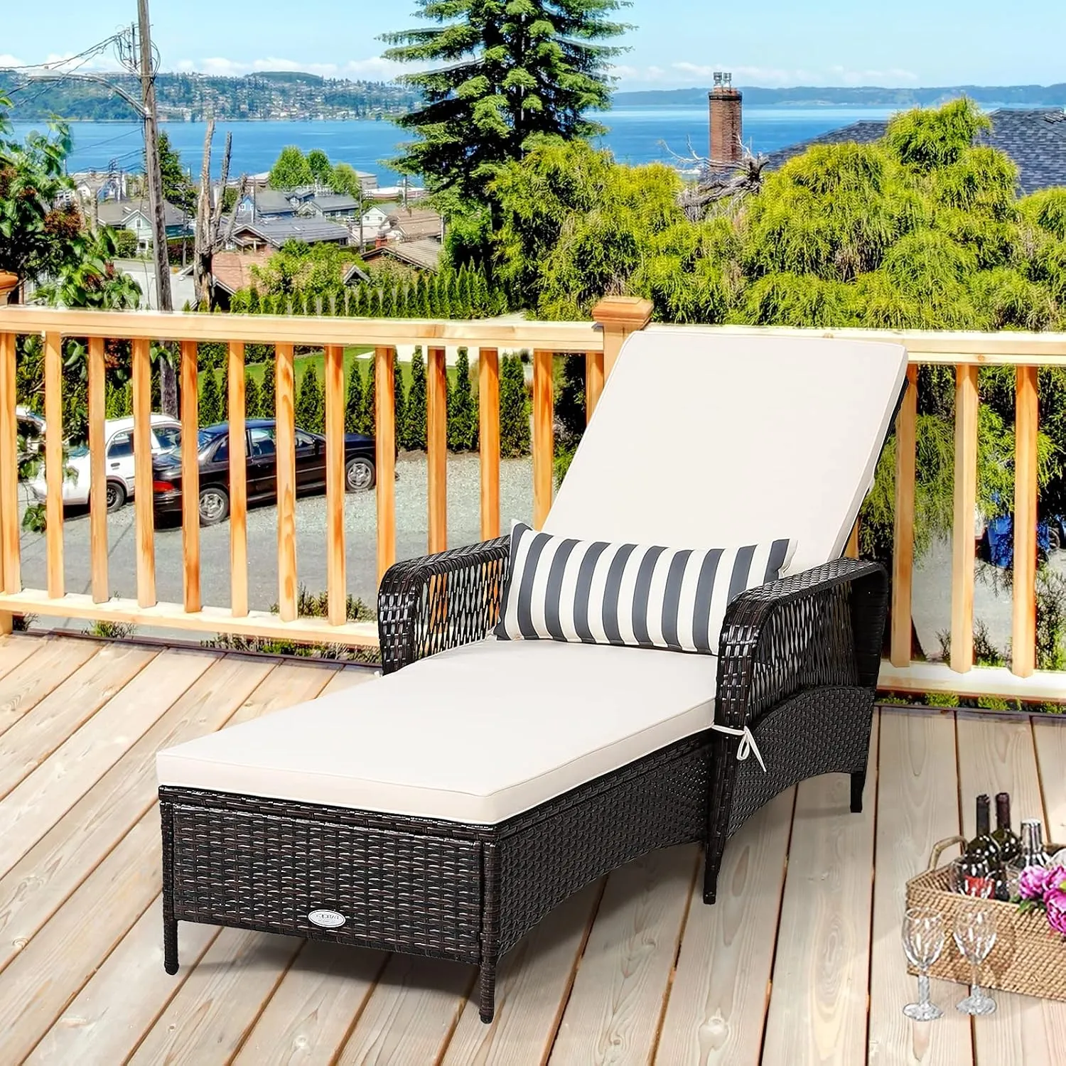 Tangkula 2 Pieces Patio Wicker Chaise Lounge Chair, Outdoor Rattan Reclining Chaise w/ 6-Gear Adjustable Backrest, Thick Padded Cushion & Removable Lumbar Pillow, Ideal for Lawn, Beach, Balcony