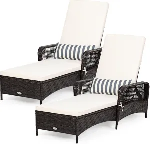 Tangkula 2 Pieces Patio Wicker Chaise Lounge Chair, Outdoor Rattan Reclining Chaise w/ 6-Gear Adjustable Backrest, Thick Padded Cushion & Removable Lumbar Pillow, Ideal for Lawn, Beach, Balcony