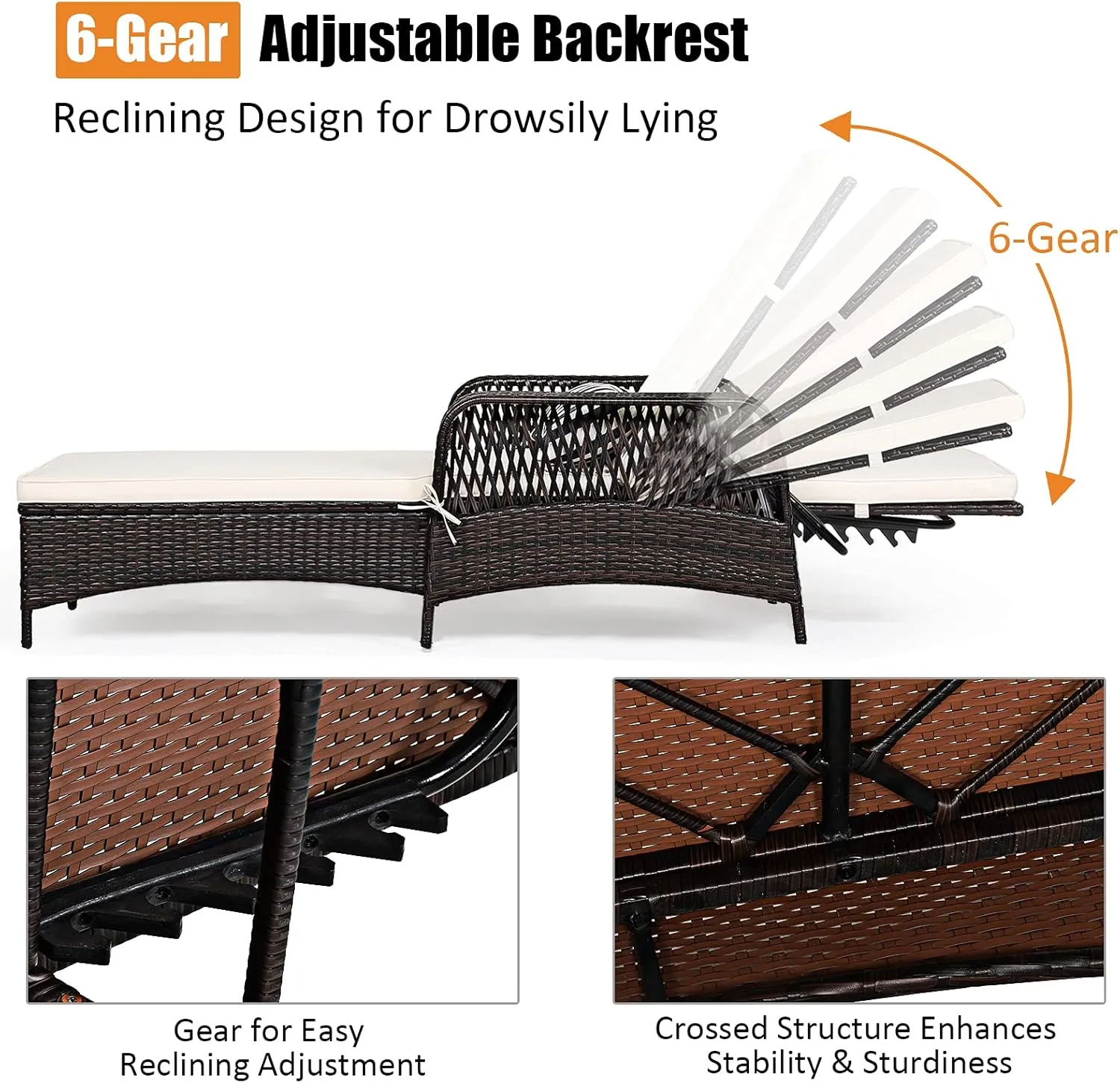 Tangkula 2 Pieces Patio Wicker Chaise Lounge Chair, Outdoor Rattan Reclining Chaise w/ 6-Gear Adjustable Backrest, Thick Padded Cushion & Removable Lumbar Pillow, Ideal for Lawn, Beach, Balcony