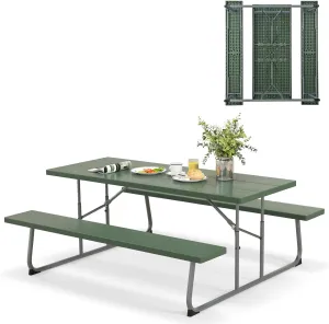Tangkula 6 Ft Folding Picnic Table, Outdoor Picnic Table with 2 Built-in Benches, Umbrella Hole, Metal Frame & HDPE Tabletop, 8 Person Large Picnic Table and Bench Set for Garden, Backyard (Green)