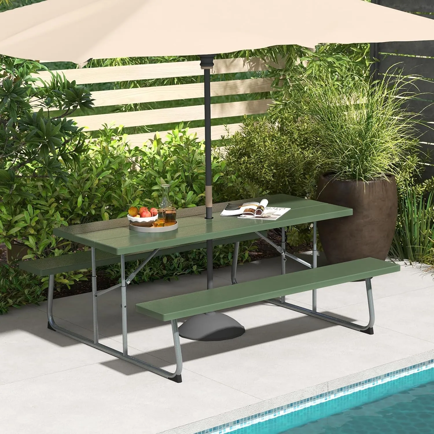 Tangkula 6 Ft Folding Picnic Table, Outdoor Picnic Table with 2 Built-in Benches, Umbrella Hole, Metal Frame & HDPE Tabletop, 8 Person Large Picnic Table and Bench Set for Garden, Backyard (Green)