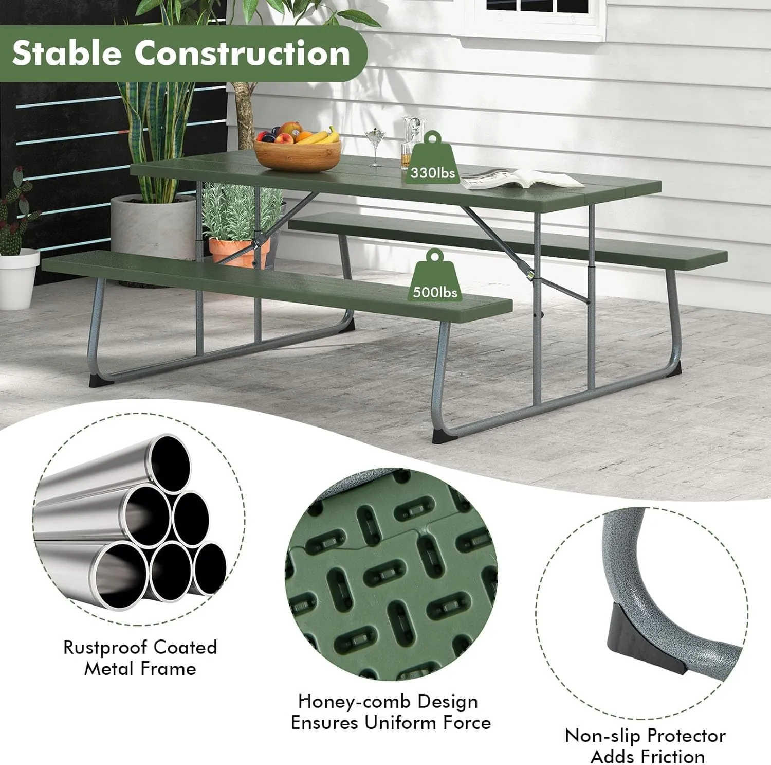 Tangkula 6 Ft Folding Picnic Table, Outdoor Picnic Table with 2 Built-in Benches, Umbrella Hole, Metal Frame & HDPE Tabletop, 8 Person Large Picnic Table and Bench Set for Garden, Backyard (Green)