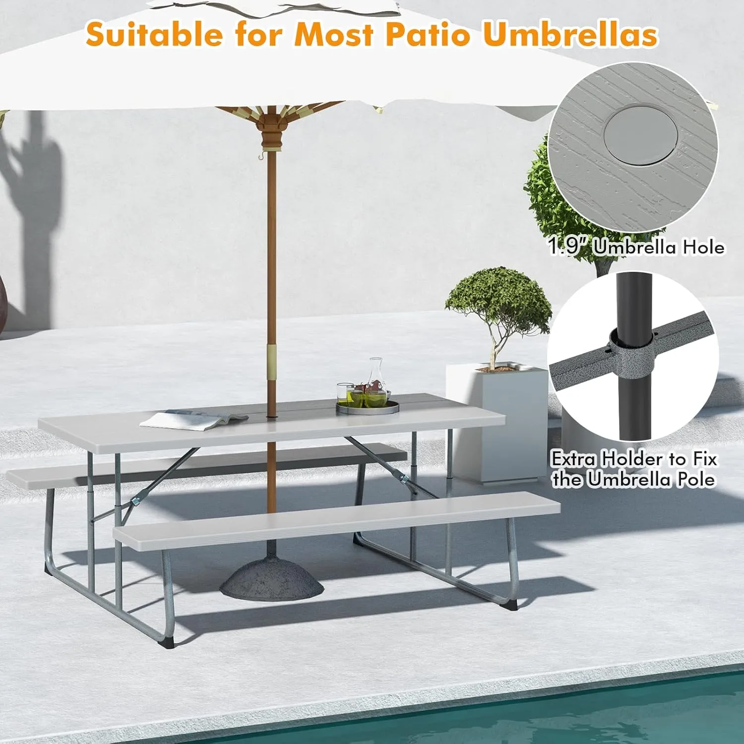 Tangkula 6 Ft Folding Picnic Table, Outdoor Picnic Table with 2 Built-in Benches, Umbrella Hole, Metal Frame & HDPE Tabletop, 8 Person Large Picnic Table and Bench Set for Garden, Backyard (Grey)