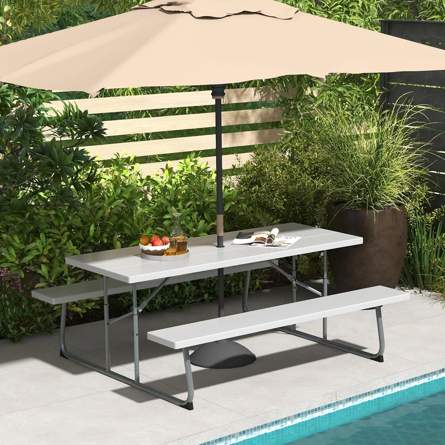 Tangkula 6 Ft Folding Picnic Table, Outdoor Picnic Table with 2 Built-in Benches, Umbrella Hole, Metal Frame & HDPE Tabletop, 8 Person Large Picnic Table and Bench Set for Garden, Backyard (Grey)