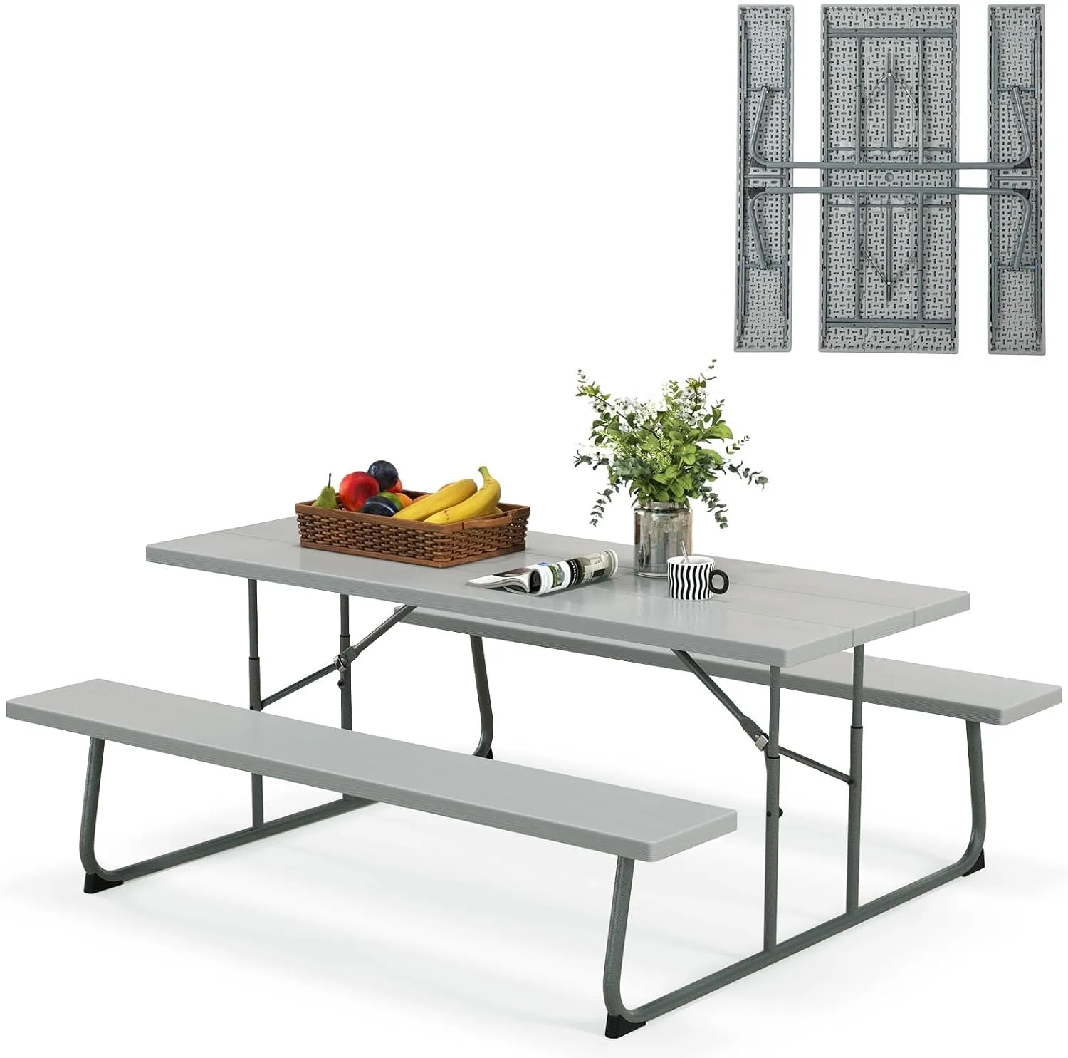 Tangkula 6 Ft Folding Picnic Table, Outdoor Picnic Table with 2 Built-in Benches, Umbrella Hole, Metal Frame & HDPE Tabletop, 8 Person Large Picnic Table and Bench Set for Garden, Backyard (Grey)