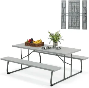 Tangkula 6 Ft Folding Picnic Table, Outdoor Picnic Table with 2 Built-in Benches, Umbrella Hole, Metal Frame & HDPE Tabletop, 8 Person Large Picnic Table and Bench Set for Garden, Backyard (Grey)