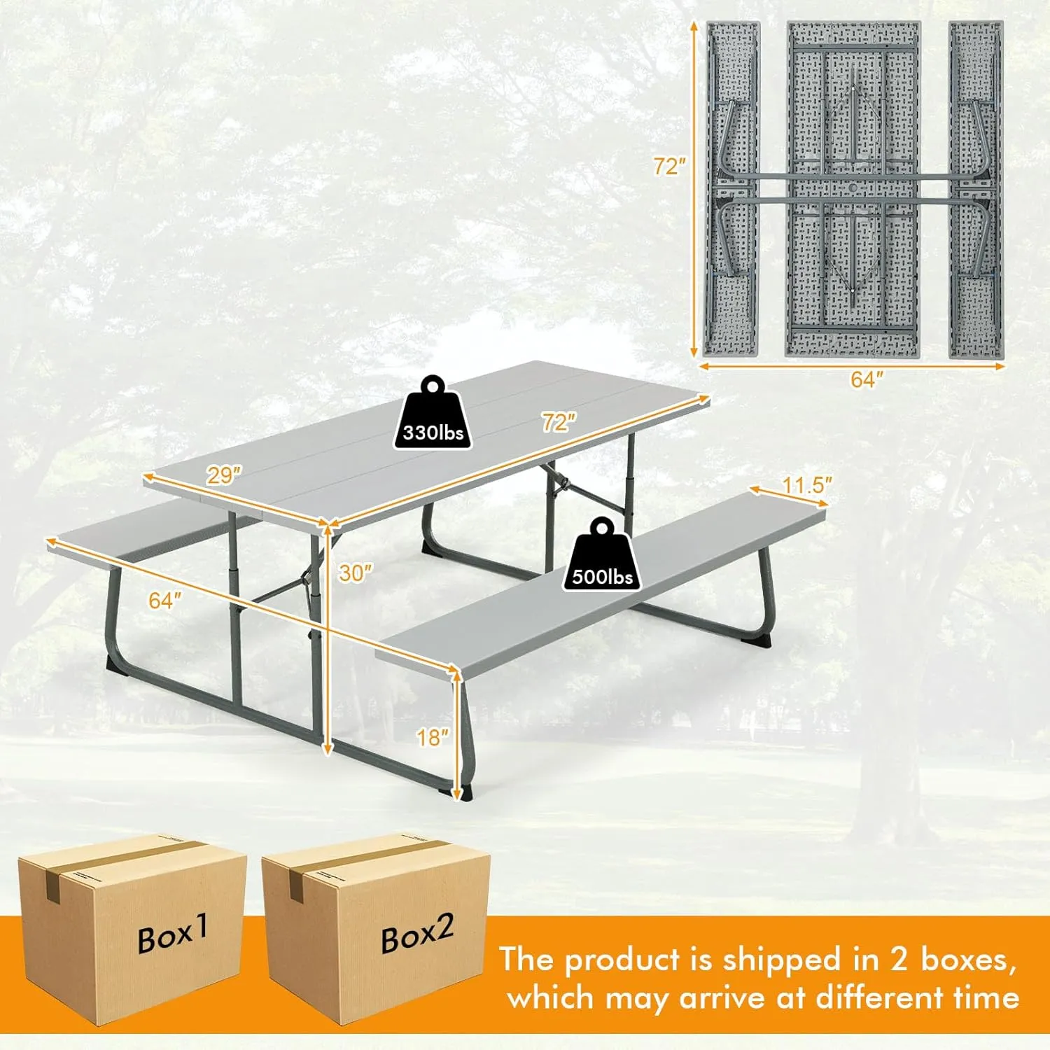 Tangkula 6 Ft Folding Picnic Table, Outdoor Picnic Table with 2 Built-in Benches, Umbrella Hole, Metal Frame & HDPE Tabletop, 8 Person Large Picnic Table and Bench Set for Garden, Backyard (Grey)