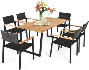 Tangkula 7 Pieces Outdoor Dining Set, Patented Patio Furniture Set w/Large Rectangle Acacia Wood Table Top, Rattan Chairs with Steel Frame, Umbrella Hole, for Backyard Garden