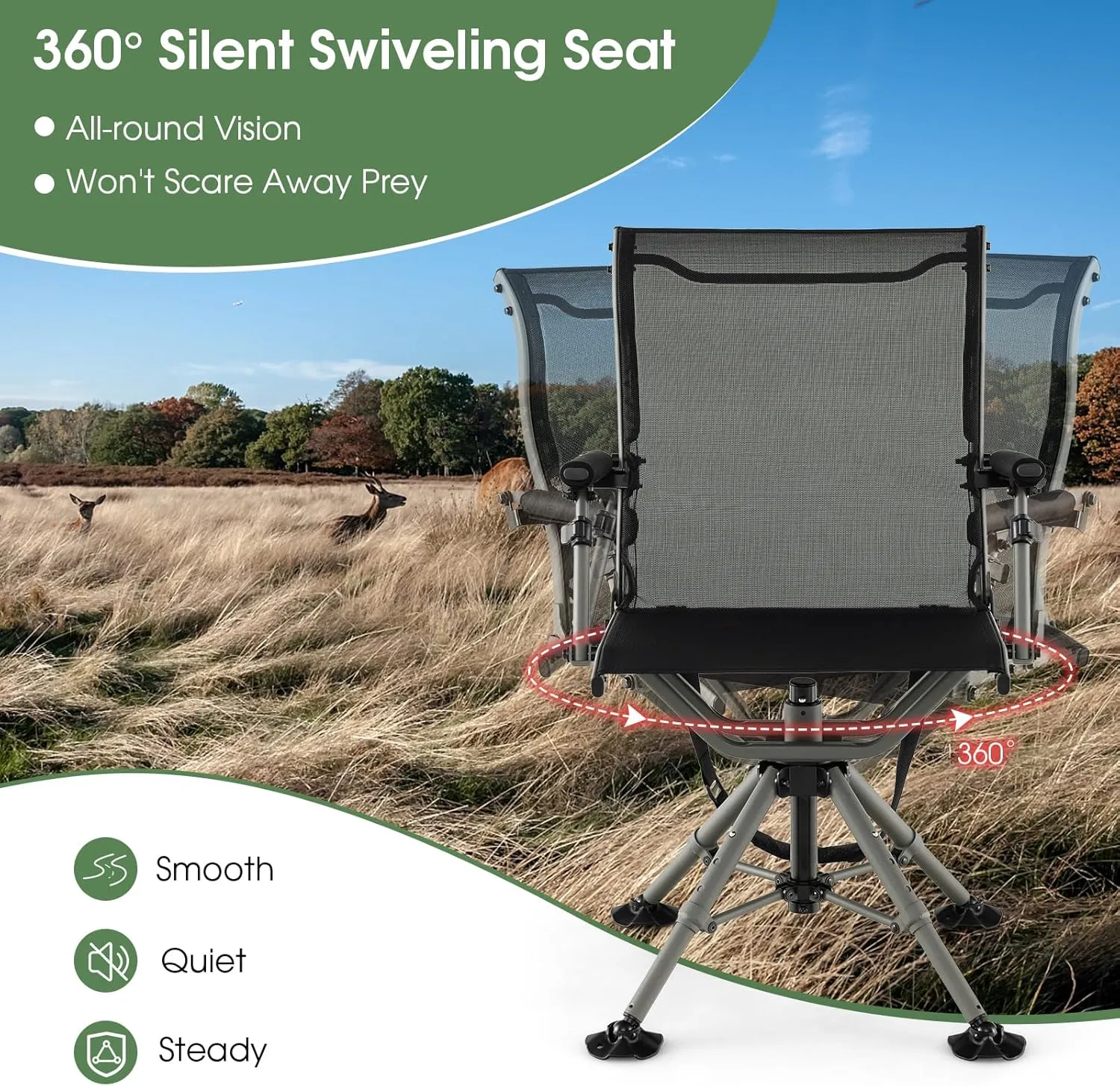 Tangkula Hunting Chair, 360 Degree Silent Swivel Blind Chair with 4 Adjustable Legs, Foot Pads & Armrests, Portable Folding Hunting Chairs for Blinds, Fishing, Camping