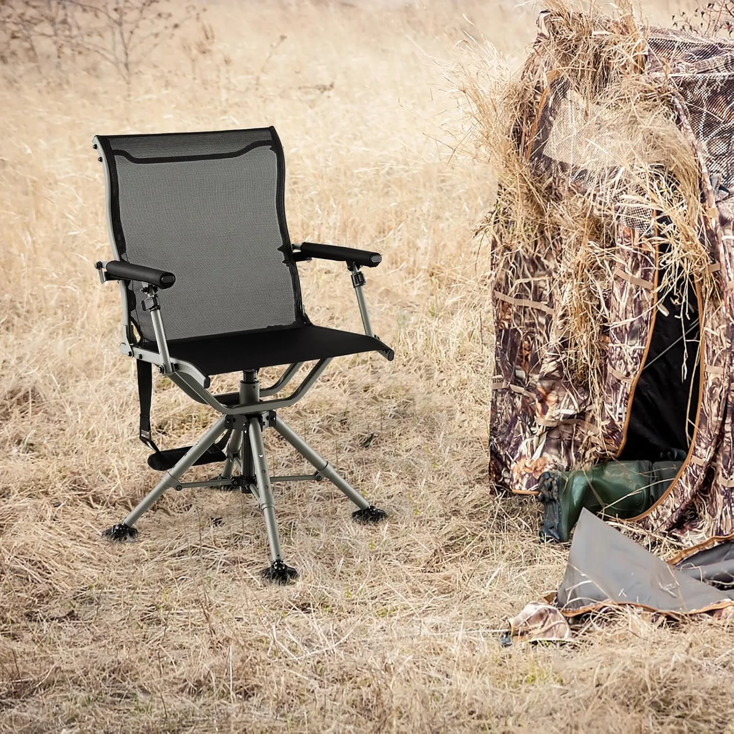Tangkula Hunting Chair, 360 Degree Silent Swivel Blind Chair with 4 Adjustable Legs, Foot Pads & Armrests, Portable Folding Hunting Chairs for Blinds, Fishing, Camping