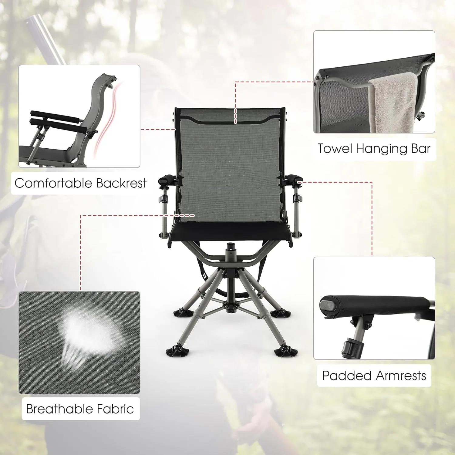 Tangkula Hunting Chair, 360 Degree Silent Swivel Blind Chair with 4 Adjustable Legs, Foot Pads & Armrests, Portable Folding Hunting Chairs for Blinds, Fishing, Camping