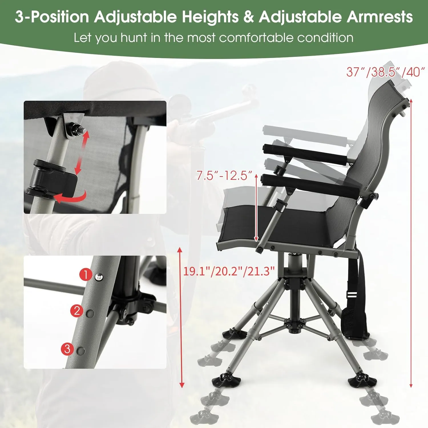 Tangkula Hunting Chair, 360 Degree Silent Swivel Blind Chair with 4 Adjustable Legs, Foot Pads & Armrests, Portable Folding Hunting Chairs for Blinds, Fishing, Camping