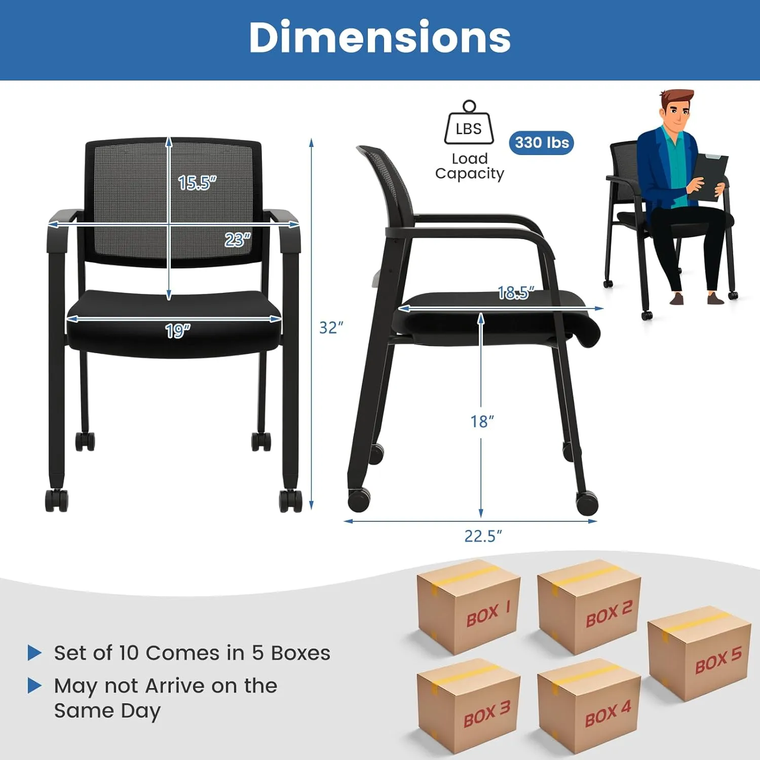 Tangkula Rolling Conference Room Chairs Set of 10, Stackable Office Guest Mesh Chairs with Armrests and Wheels, Ideal for Waiting Room Office, School, Lobby (Black)