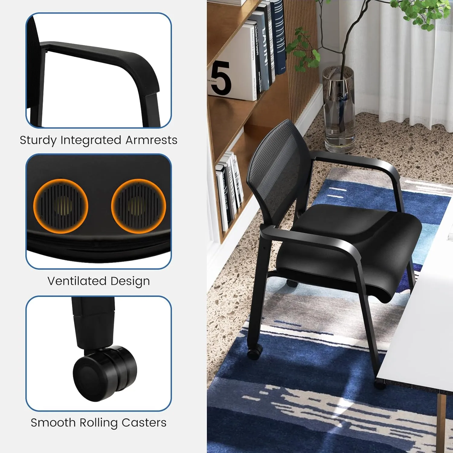 Tangkula Rolling Conference Room Chairs Set of 10, Stackable Office Guest Mesh Chairs with Armrests and Wheels, Ideal for Waiting Room Office, School, Lobby (Black)