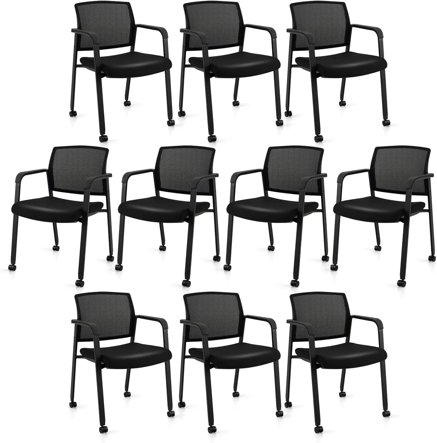 Tangkula Rolling Conference Room Chairs Set of 10, Stackable Office Guest Mesh Chairs with Armrests and Wheels, Ideal for Waiting Room Office, School, Lobby (Black)