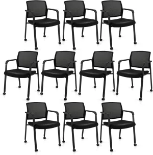 Tangkula Rolling Conference Room Chairs Set of 10, Stackable Office Guest Mesh Chairs with Armrests and Wheels, Ideal for Waiting Room Office, School, Lobby (Black)